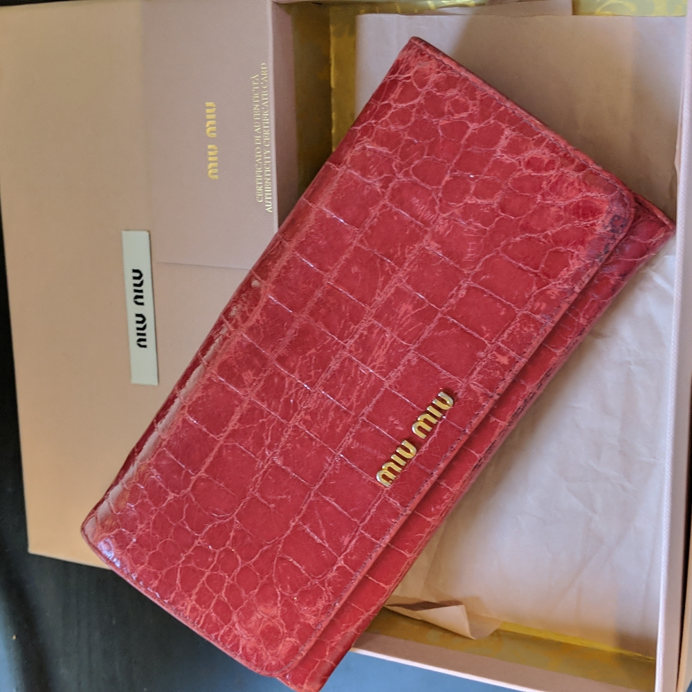 Miu Miu Long red croc embossed leather continental wallet